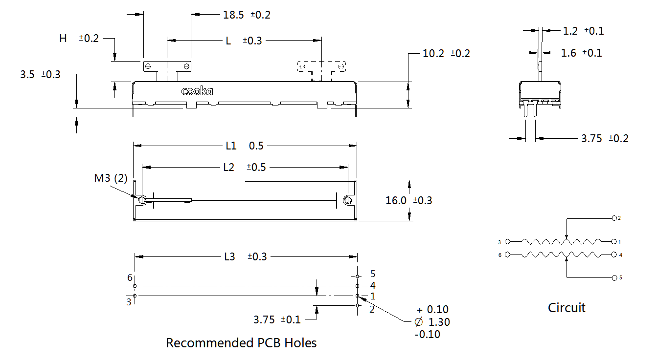 SVR01 dimensions, mounting holes and circuit drawing