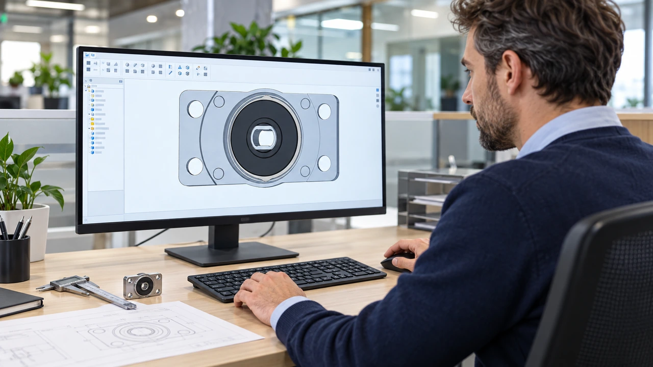 Engineer reviewing a component design at a CAD workstation