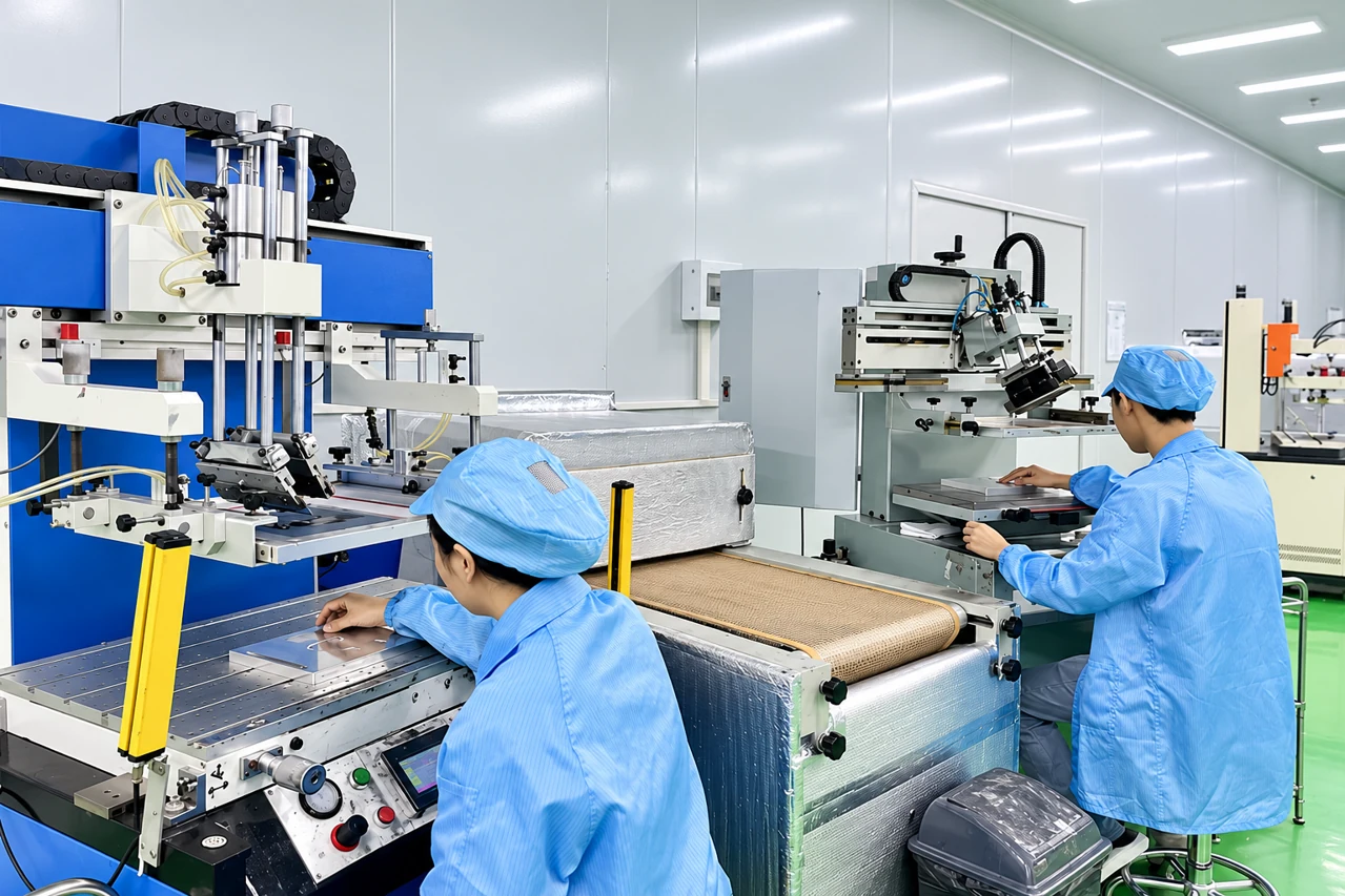 Technicians operating carbon-film printing equipment in the clean production workshop