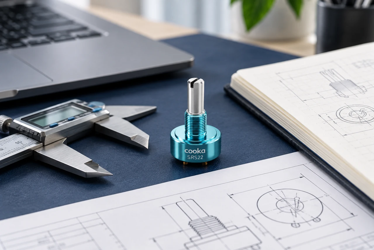 A Cooka potentiometer beside calipers and mechanical drawings on an engineering desk