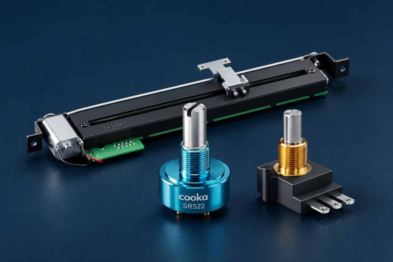 Cooka rotary potentiometers and a motorised linear fader on a navy workbench