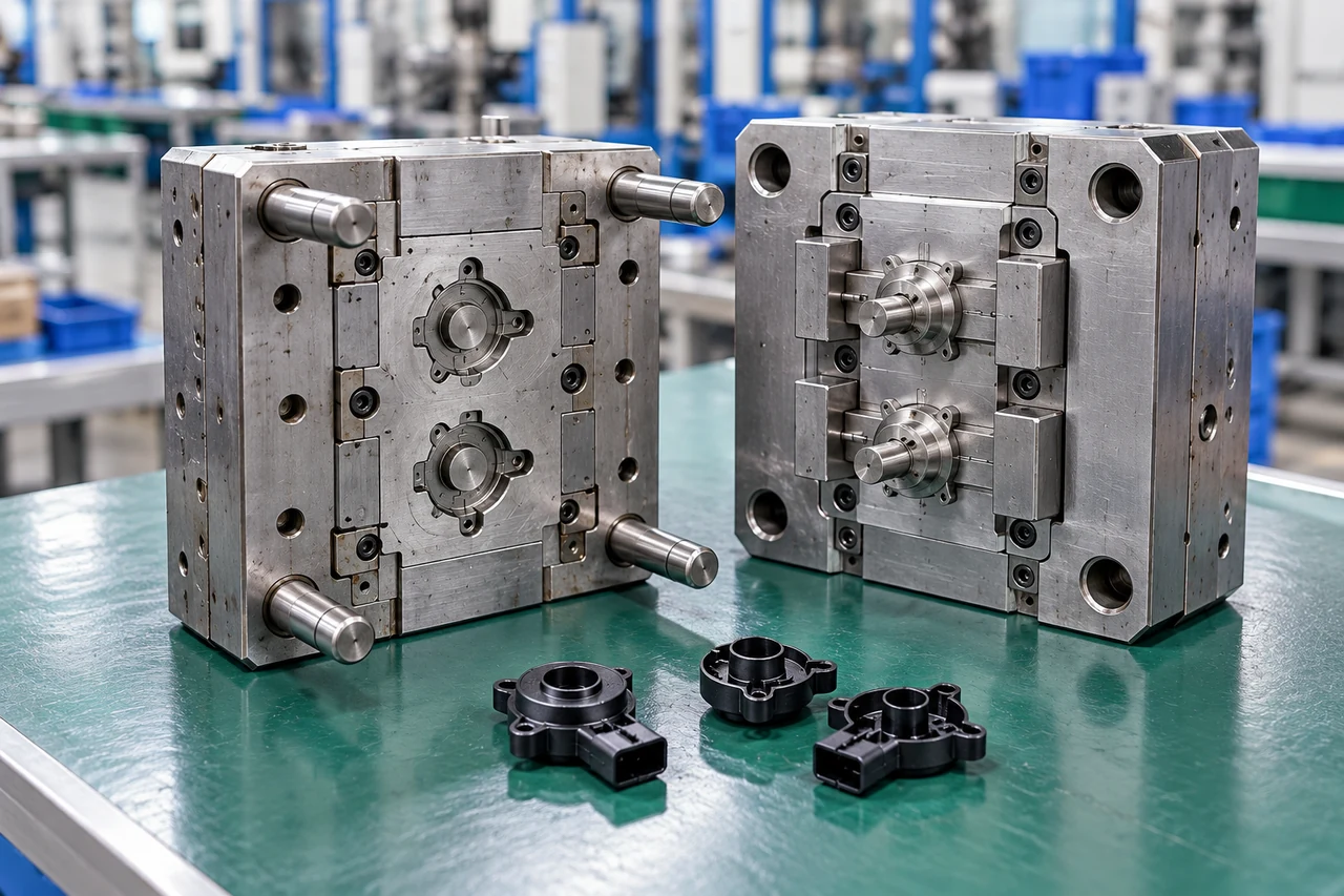 Opened precision mould tool with core inserts and small moulded sensor housings