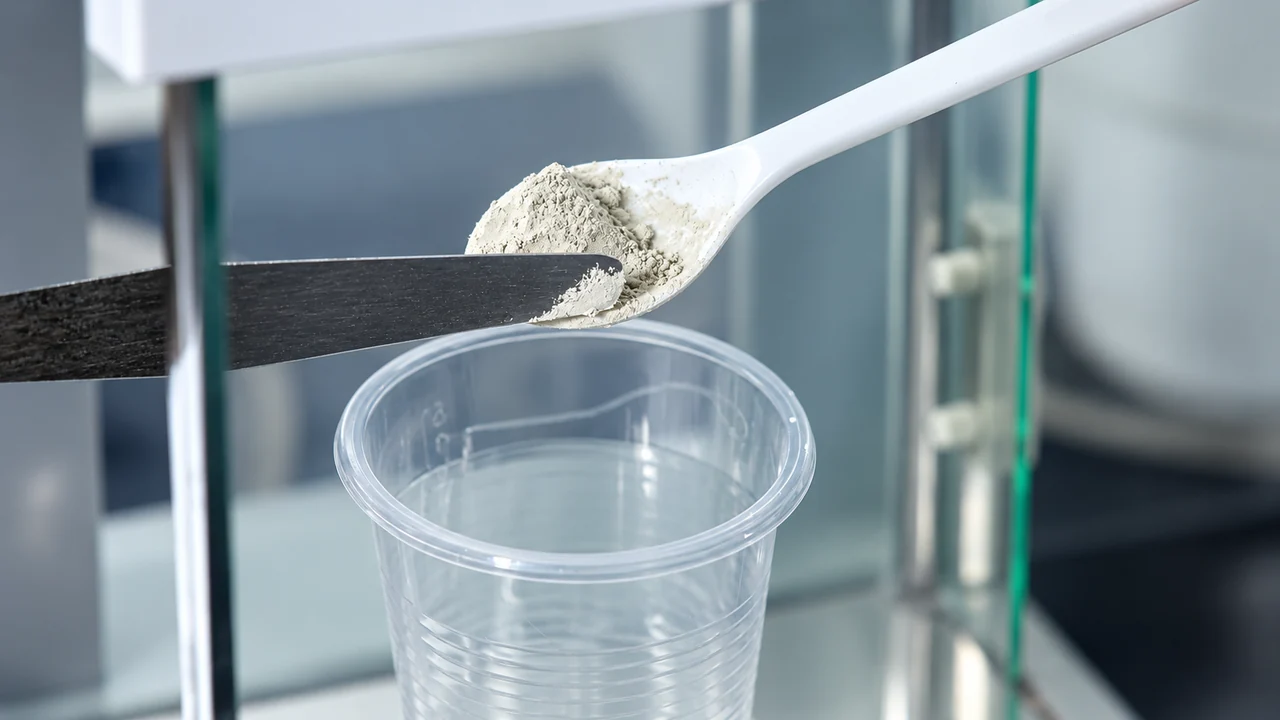 Raw-material powder being prepared with a spoon and spatula over a laboratory cup