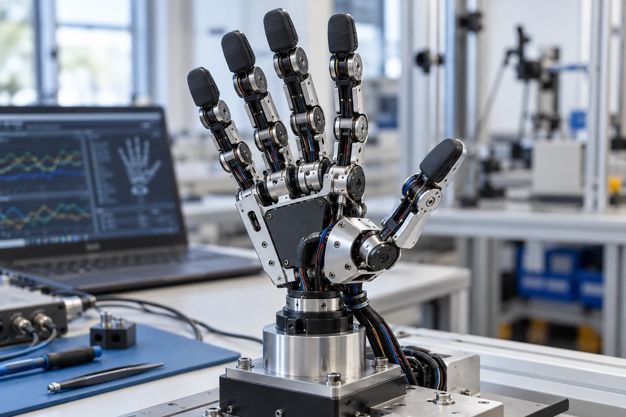 Five-finger articulated robotic hand on a laboratory test fixture with visible finger joints and wiring