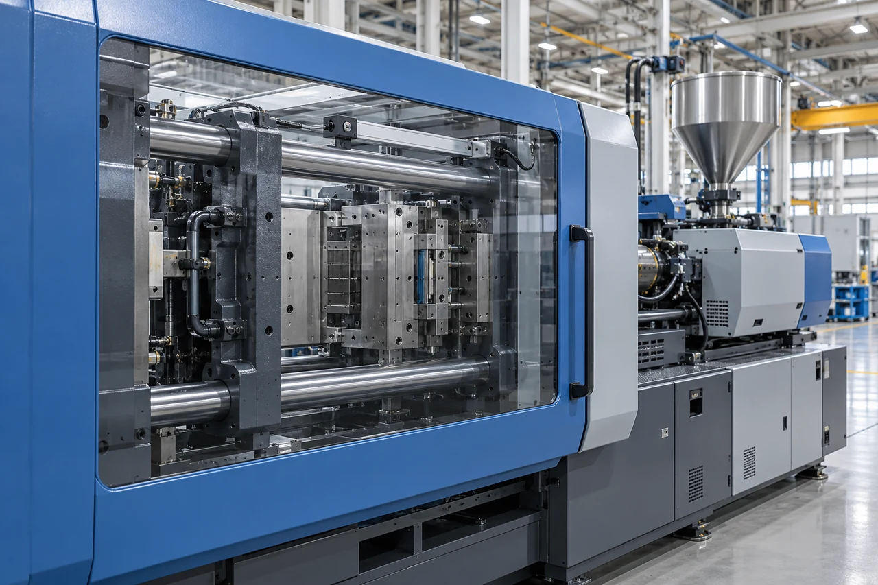 Horizontal plastic injection moulding machine with guarded clamp assembly and linear motion components