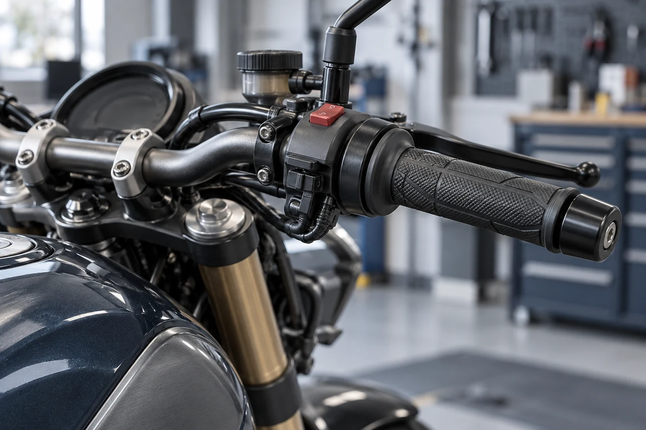 Motorcycle handlebar and twist-grip throttle control in an engineering workshop